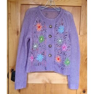 Hand Knit Mohair Blend Lavender Purple Cardigan MEDIUM‎ Floral Embroidered Girly
